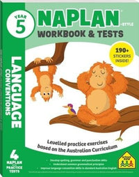 Hinkler Year 5 NAPLAN-style language conventions workbook cover with tests, stickers