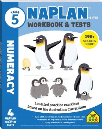 Year 5 NAPLAN-style numeracy workbook cover with penguin graphics and workbook & tests title