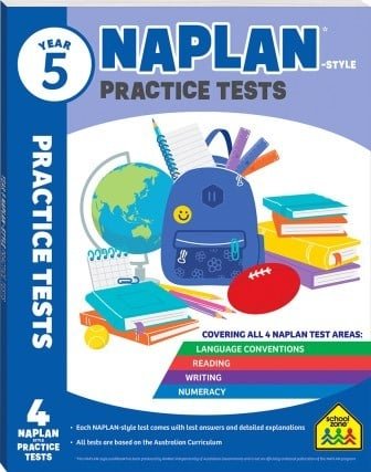 Year 5 NAPLAN-style practice tests book cover with reading and writing icons, Hinkler