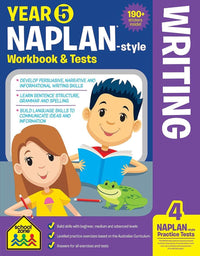 NAPLAN-style writing workbook cover with child characters and practice tests badge