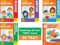 Year 7 NAPLAN workbook and test set with five colorful subject test book covers