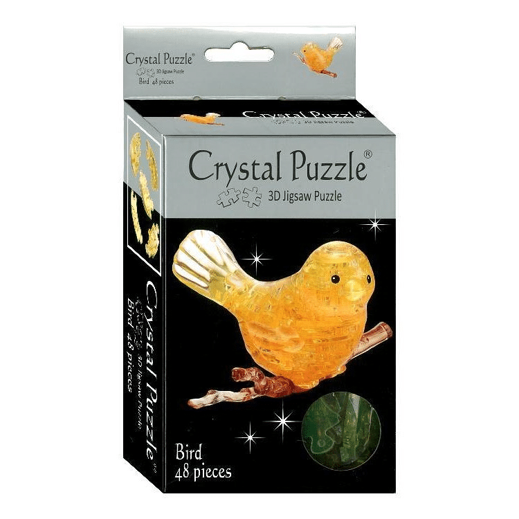 3D crystal puzzle bird kit in a retail box, yellow bird design, 48 pieces.