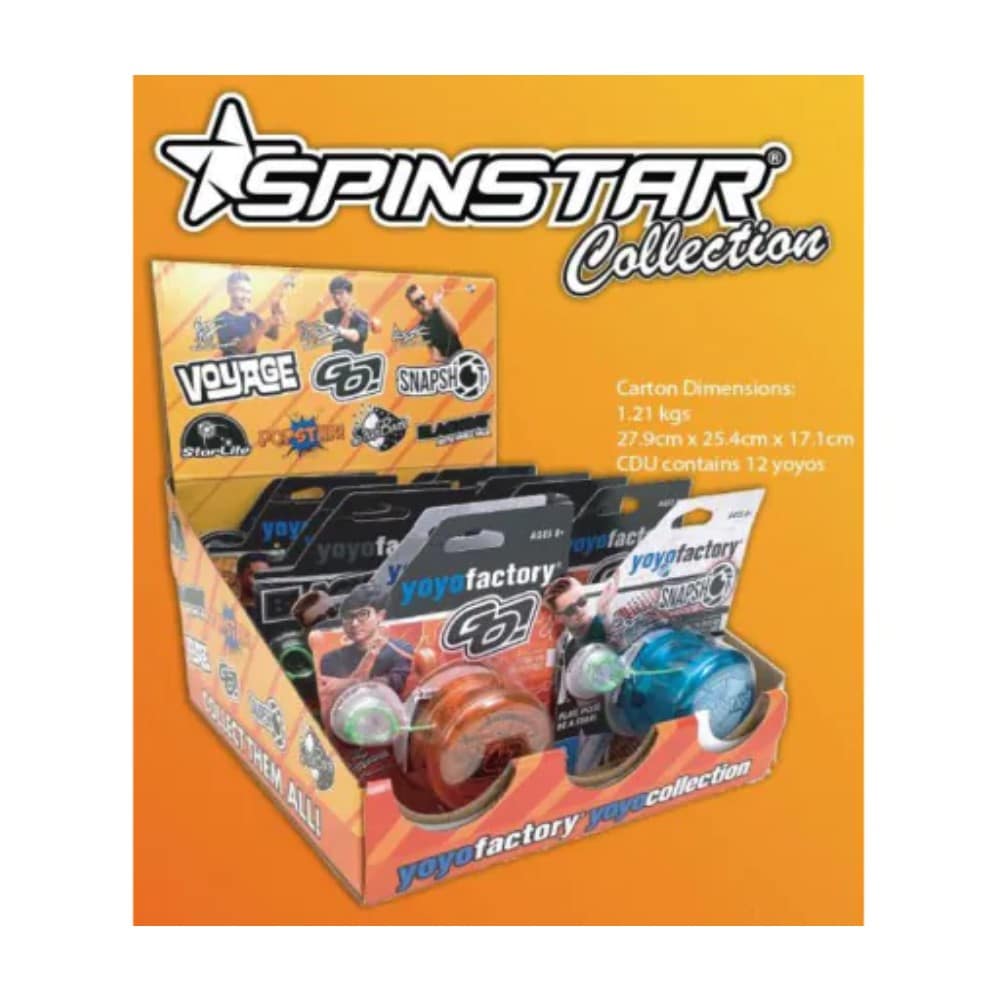 YoYoFactory Spinstar collection box with assorted yo-yos in red and blue