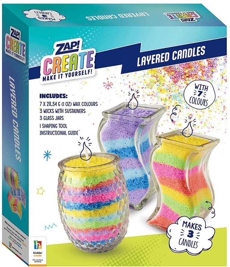 DIY layered candle making kit box with three glass candle jars and rainbow layers