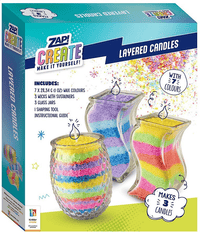 DIY layered candle making kit box with three glass candle jars and rainbow layers