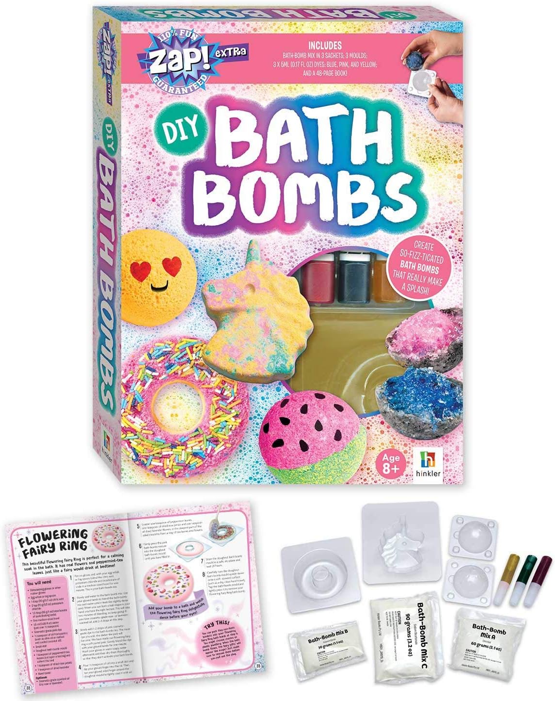 DIY bath bombs kit box with instruction booklet, molds, and small accessory sachets