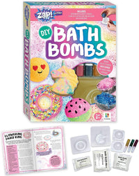 DIY bath bombs kit box with instruction booklet, molds, and small accessory sachets