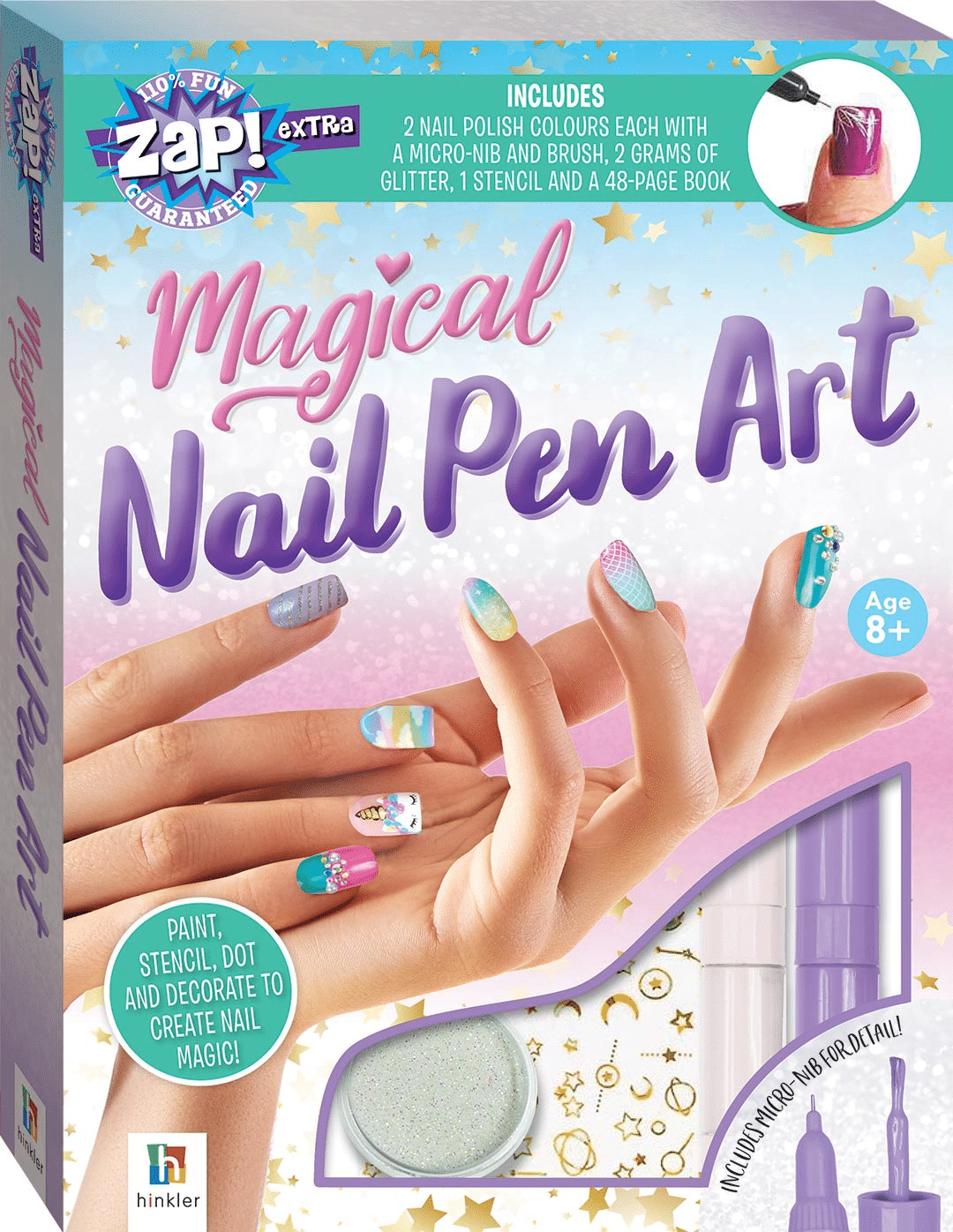 Nail art pen set box, purple and pink with glitter pen and nail art design