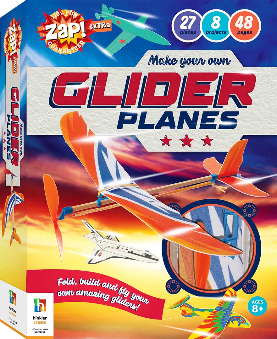 Glider planes building kit box with colorful aircraft graphics and text, age 8+