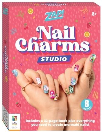 Nail charms studio kit box with printed hands and colorful nail charm designs