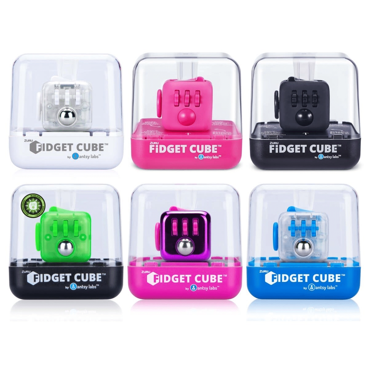 Assorted fidget cubes in clear boxes, showing multiple colors and spinner dials